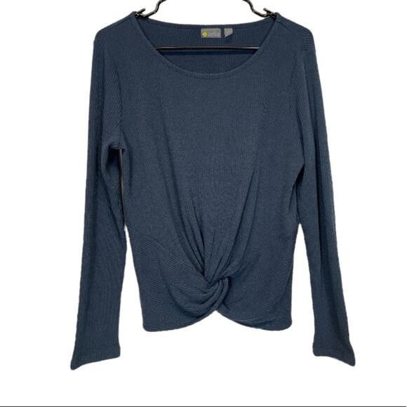 Zella Dark‎ Blue Ribbed Long Sleeve Twist Front Sweater Size L - Picture 1 of 11